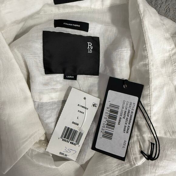 R13 Women's White Drop Neck Linen Blend Button-Up Shirt, Large - Picture 4 of 7